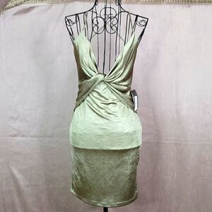 BABE SOCIETY LADY SAGE Twist Front Strappy‎ Satin Mini Dress Medium